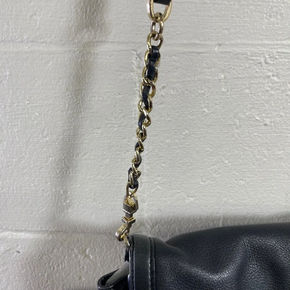 Tory Burch Black Pebbled Leather Crossbody Bag Gold Chain Strap
